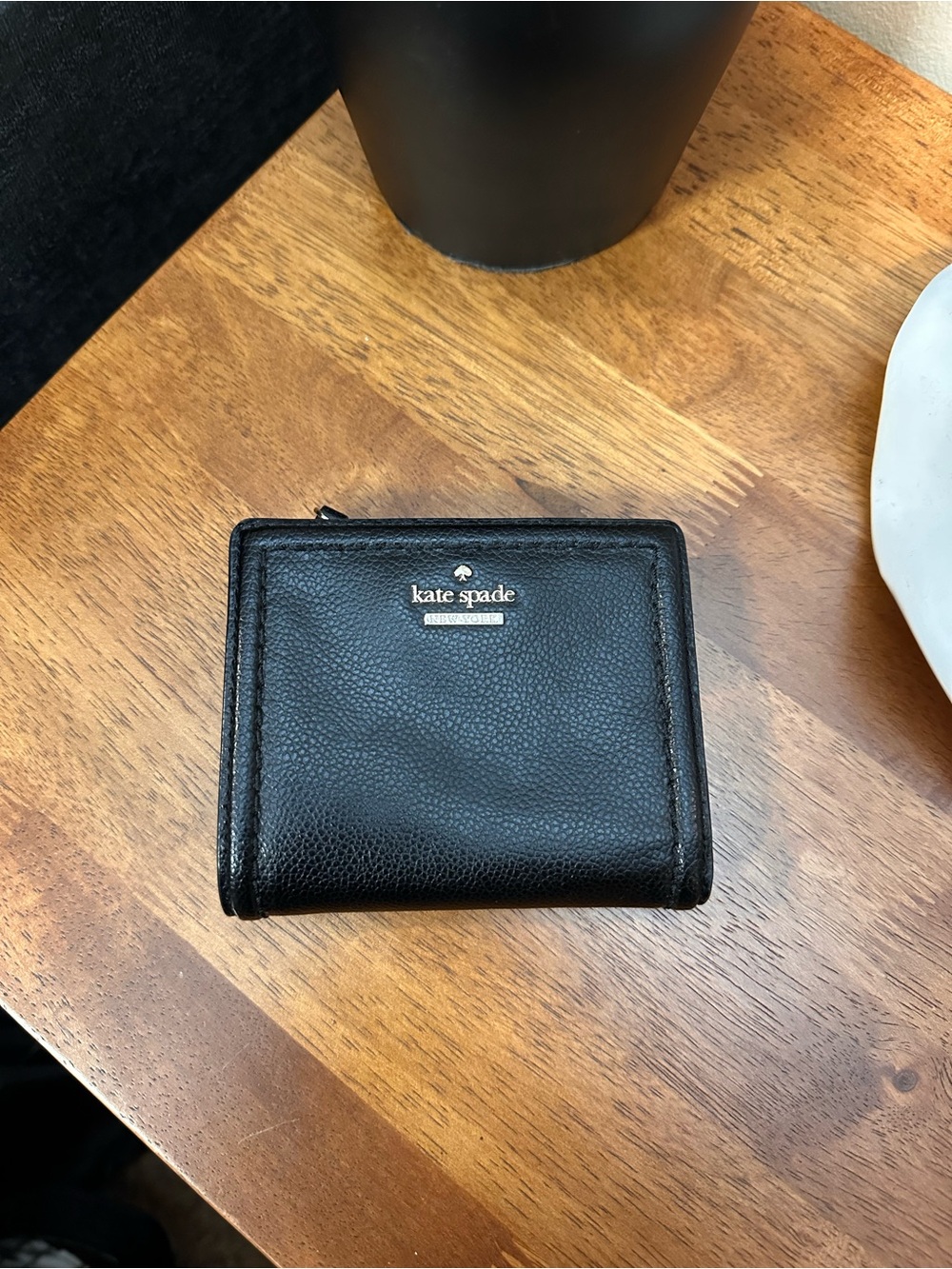 Kate Spade Black Pebbled Leather Compact Wallet with Gold Logo